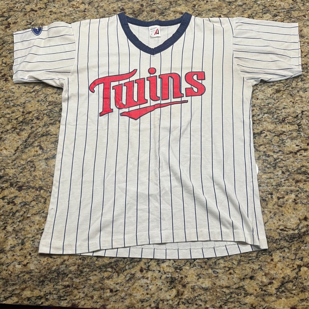 Vintage Pro Sport Minnesota Twins Hrbek 14 Pinstripe V-Neck Shirt Mens L Carrier